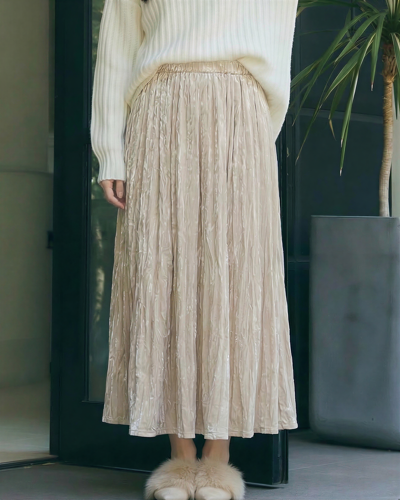 パール調プリーツ Aライン ロング丈 プリーツスカート
