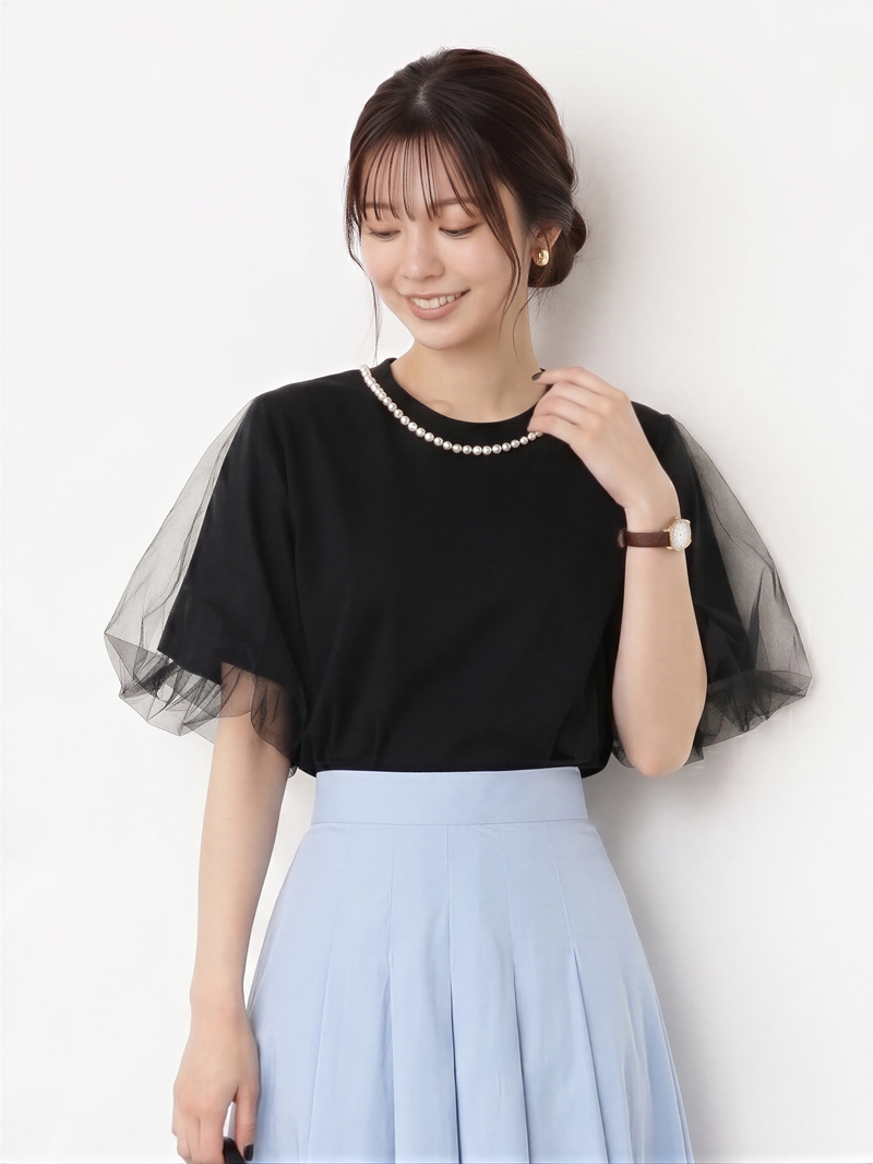 パール風襟飾り チュールフリルスリーブ ゆったり半袖Tシャツ