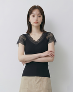 レースVネック 細リブ フィット 見せ肩 半袖Tシャツ