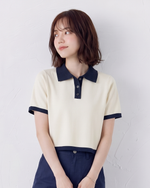 配色POLO襟ショート丈ニットトップス