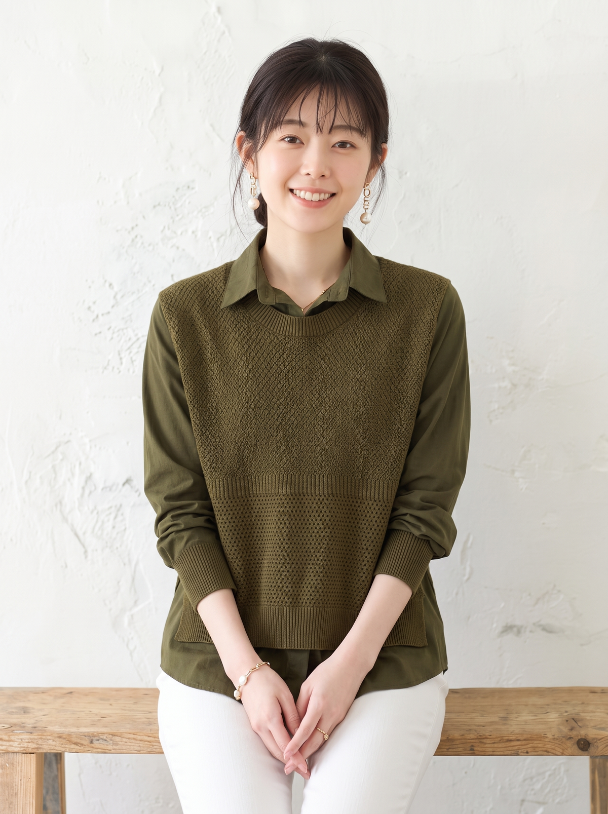 5色展開｜ニットベスト 重ね着風長袖シャツ