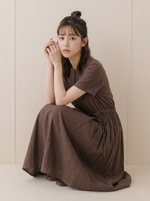 クルーネック 前ボタン ドロストウエスト ミモレ丈 半袖ワンピース