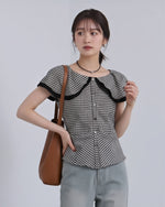 白黒チェック配色トリム ウエストシェイプシャツ-ブラック-XL