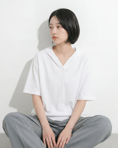 ゆったりドロップショルダー 無地 半袖フーディーTシャツ
