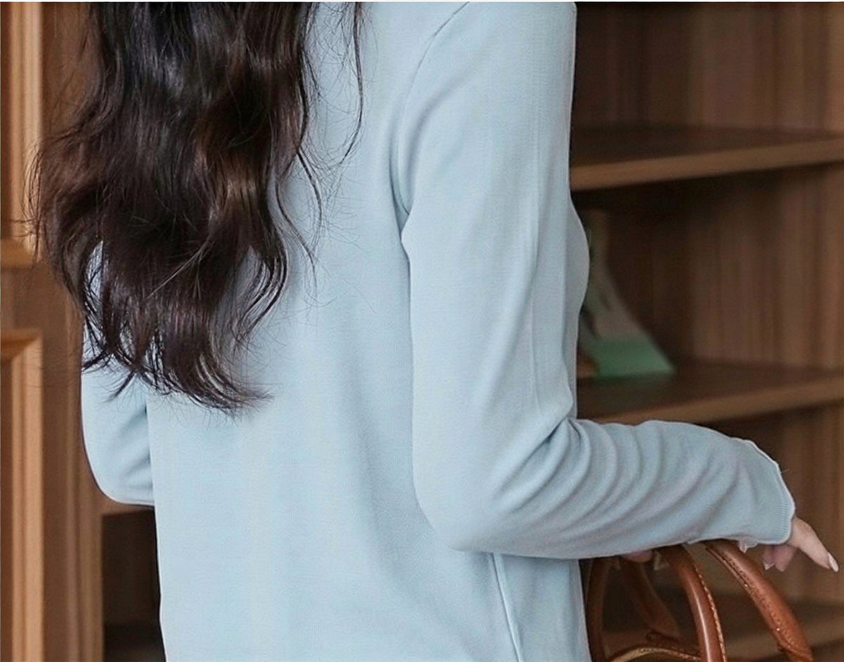 Vネック リボン胸元デザイン イレギュラーヘム 長袖Tシャツ