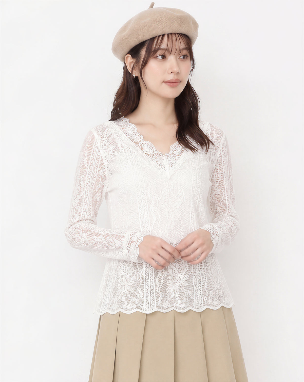 M~4XL Vネック まつげレース スリムレーストップス