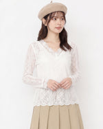 M~4XL Vネック まつげレース スリムレーストップス