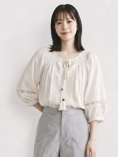 リボン刺繍バルーンスリーブブラウス-ベージュ-L