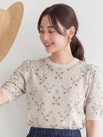 小花柄ジャカード パフスリーブ ニットトップス-グレイグリーン-XL