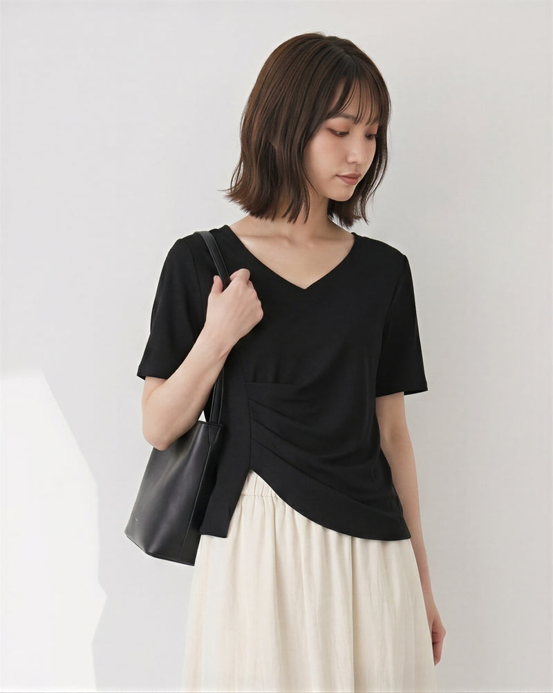 Vネック イレギャラーギャザーTシャツ