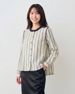 スタンドカラー フリル 配色パイピング 縦ストライプシャツ-ライトベージュ-2XL