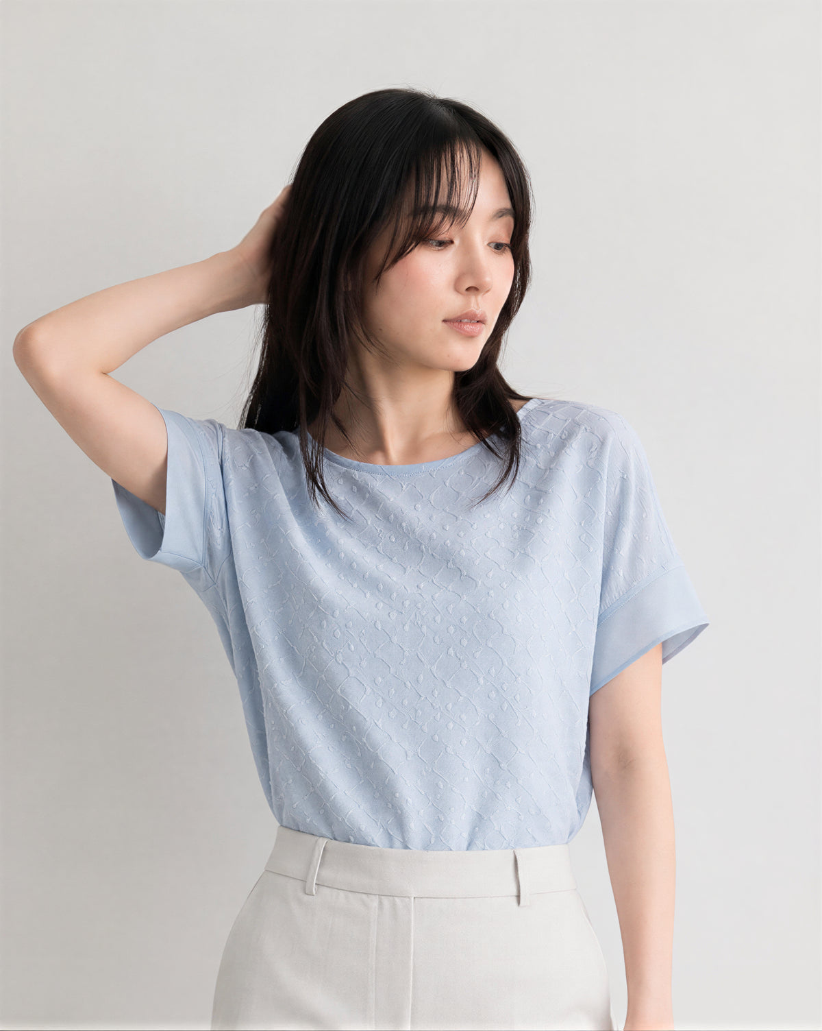 ジャカード クルーネック ゆったり シフォンブラウス