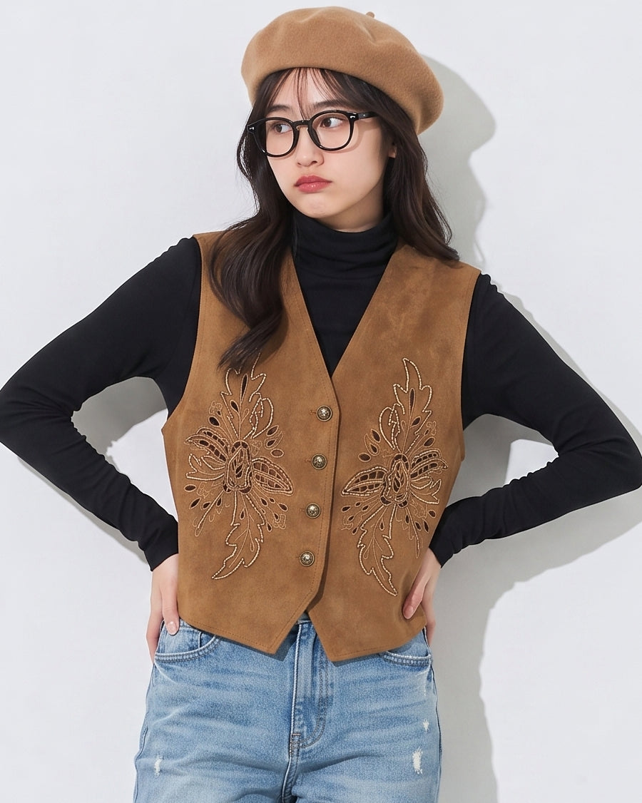 刺繍カットワークVネックベスト-ブラウン-2XL