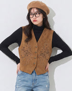 刺繍カットワークVネックベスト-ブラウン-2XL