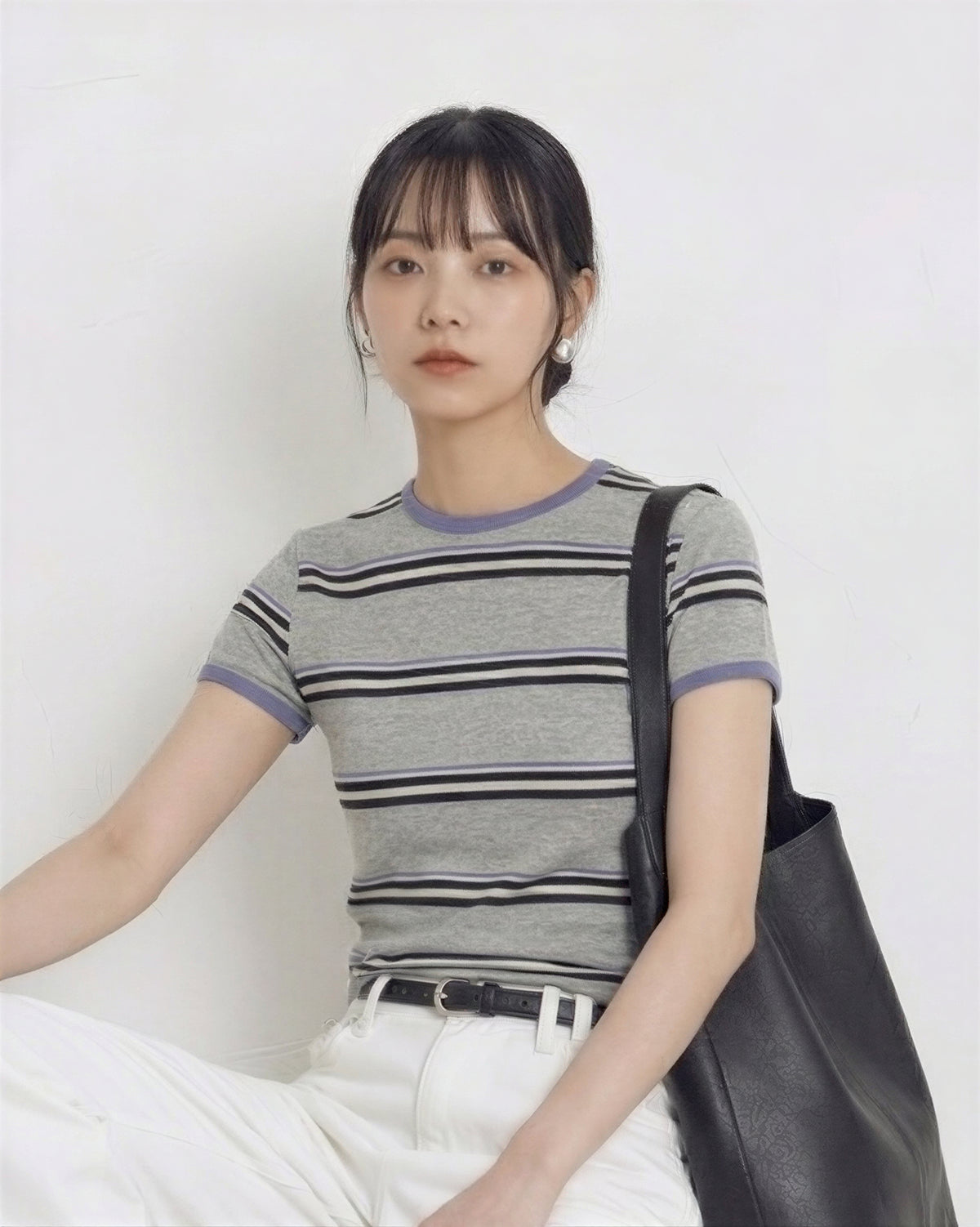ライトグレー ストライプ 配色パイピング スリムフィット 半袖Tシャツ-アッシュグレー-L
