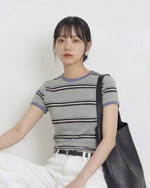 ライトグレー ストライプ 配色パイピング スリムフィット 半袖Tシャツ-アッシュグレー-L