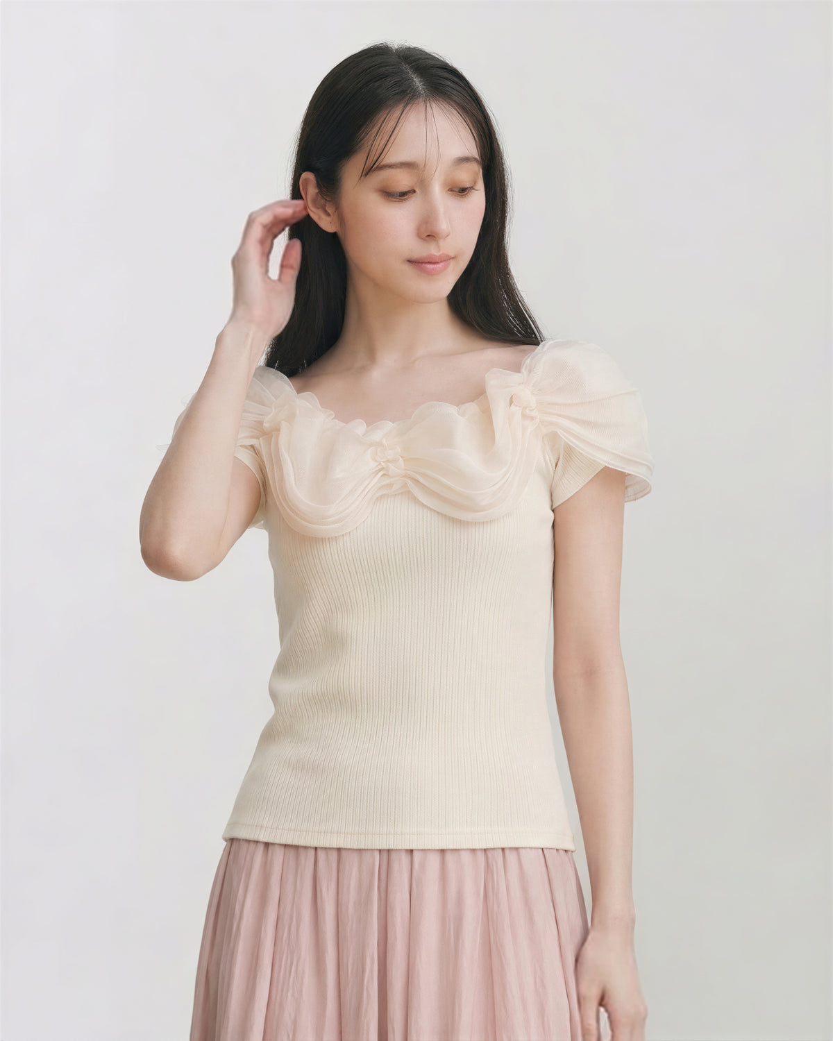 オフショルダー スクエアネック ギャザー パフスリーブ 半袖Tシャツ