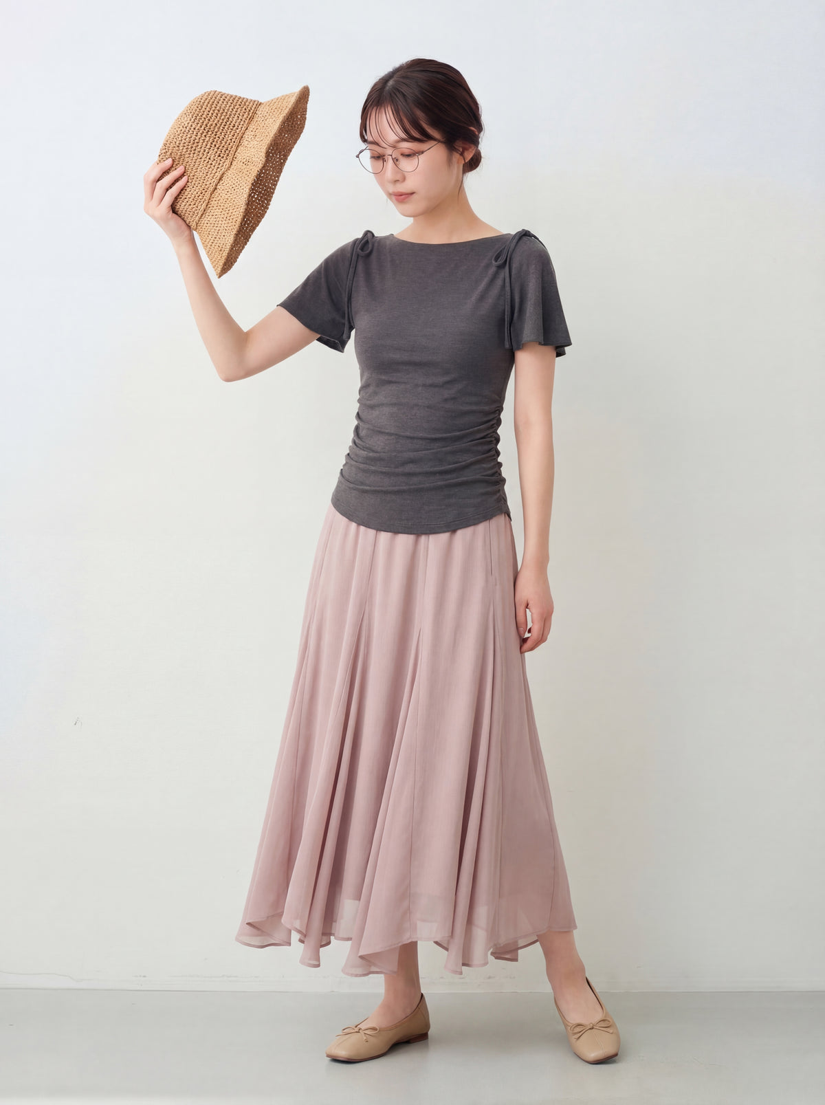 オフショル風ボートネック ウエストギャザー フリルフレアスリーブ 半袖Tシャツ