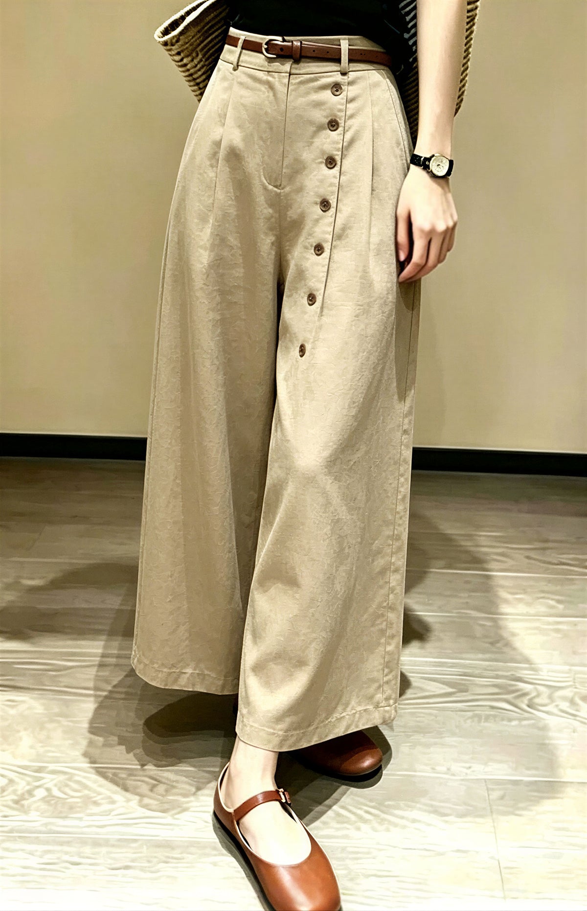 ハイウエスト斜めボタンワイドパンツ-ライトベージュ -4XL