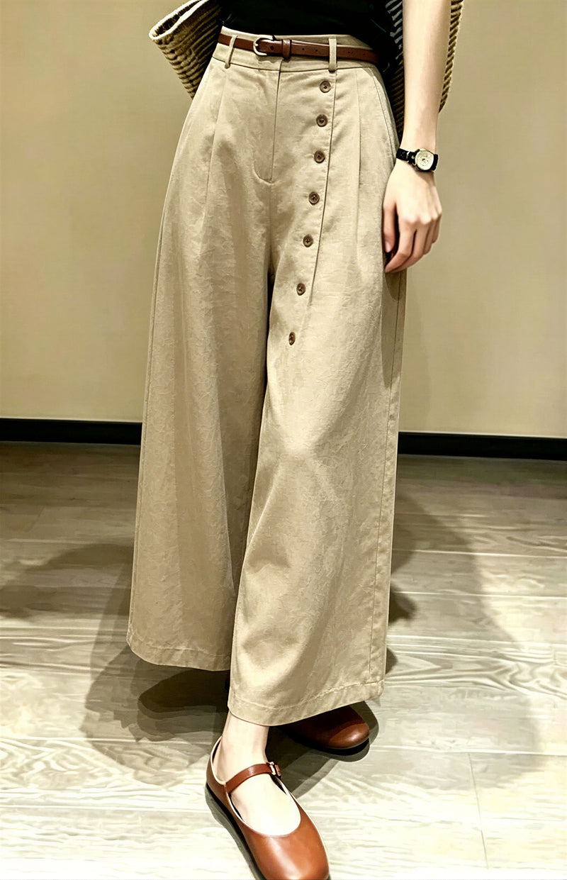 ハイウエスト斜めボタンワイドパンツ-ライトベージュ -4XL