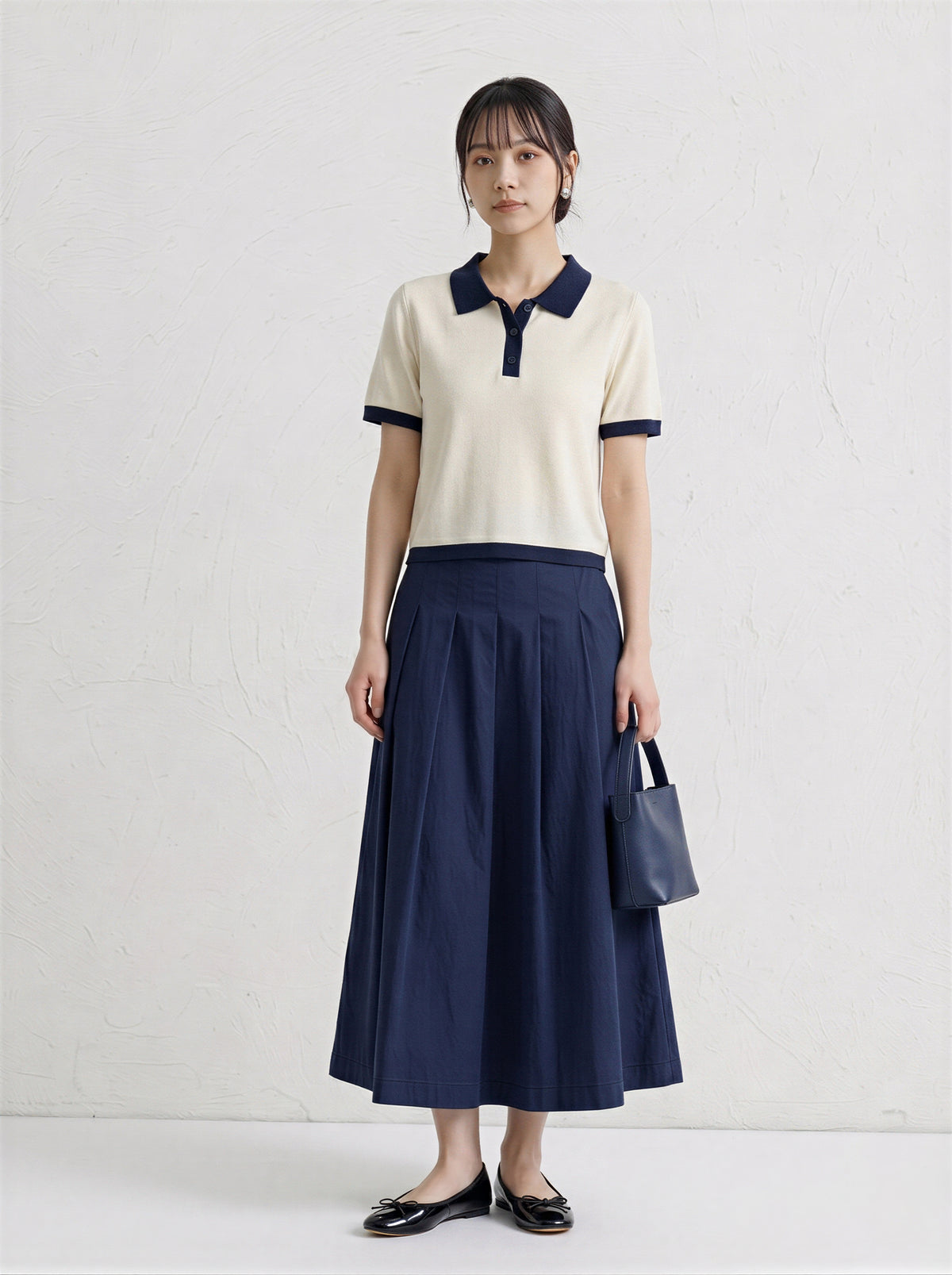 配色POLO襟ショート丈ニットトップス