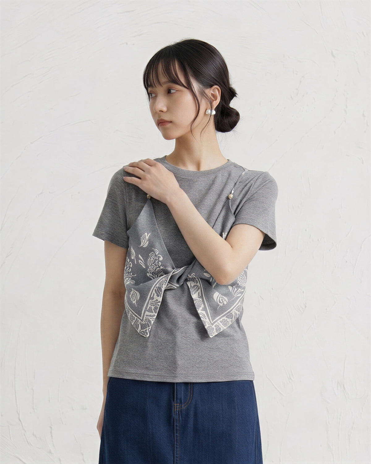 プリントレースアップ スリム見え フェイクレイヤード 半袖Tシャツ-グレー-XL