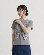 プリントレースアップ スリム見え フェイクレイヤード 半袖Tシャツ-グレー-XL