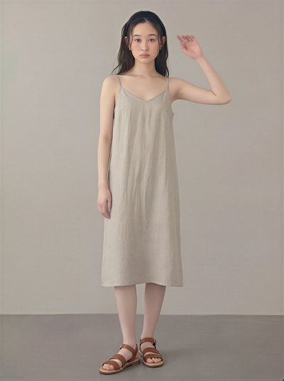 華奢ストラップ Vネック サイドスリット キャミワンピース-ライトベージュ -XL