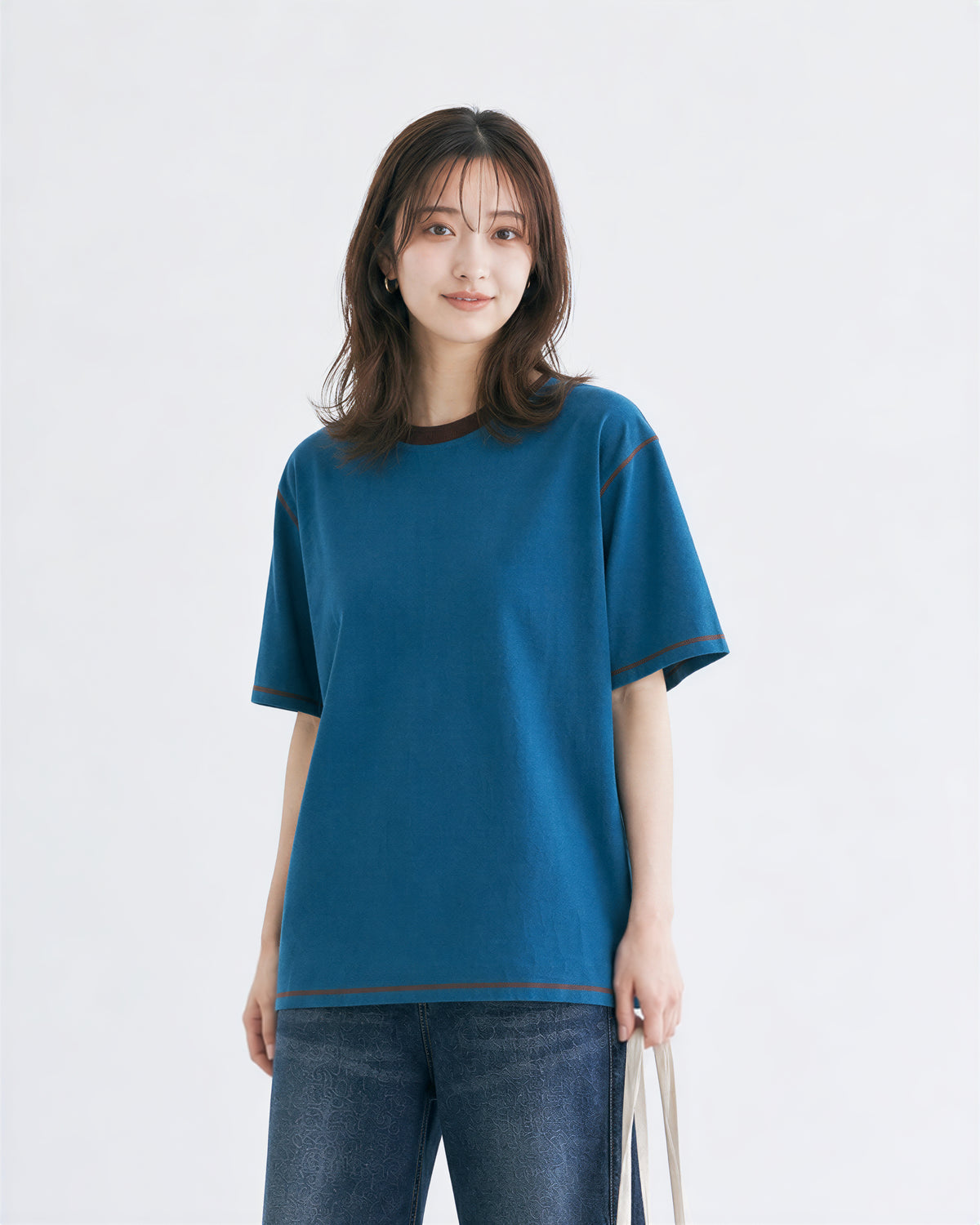 ゆったりストレート 配色トリムTシャツ-ダークブルー-XL