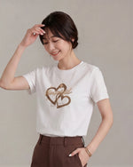 ラウンドネック ハートプリント ルーズTシャツ