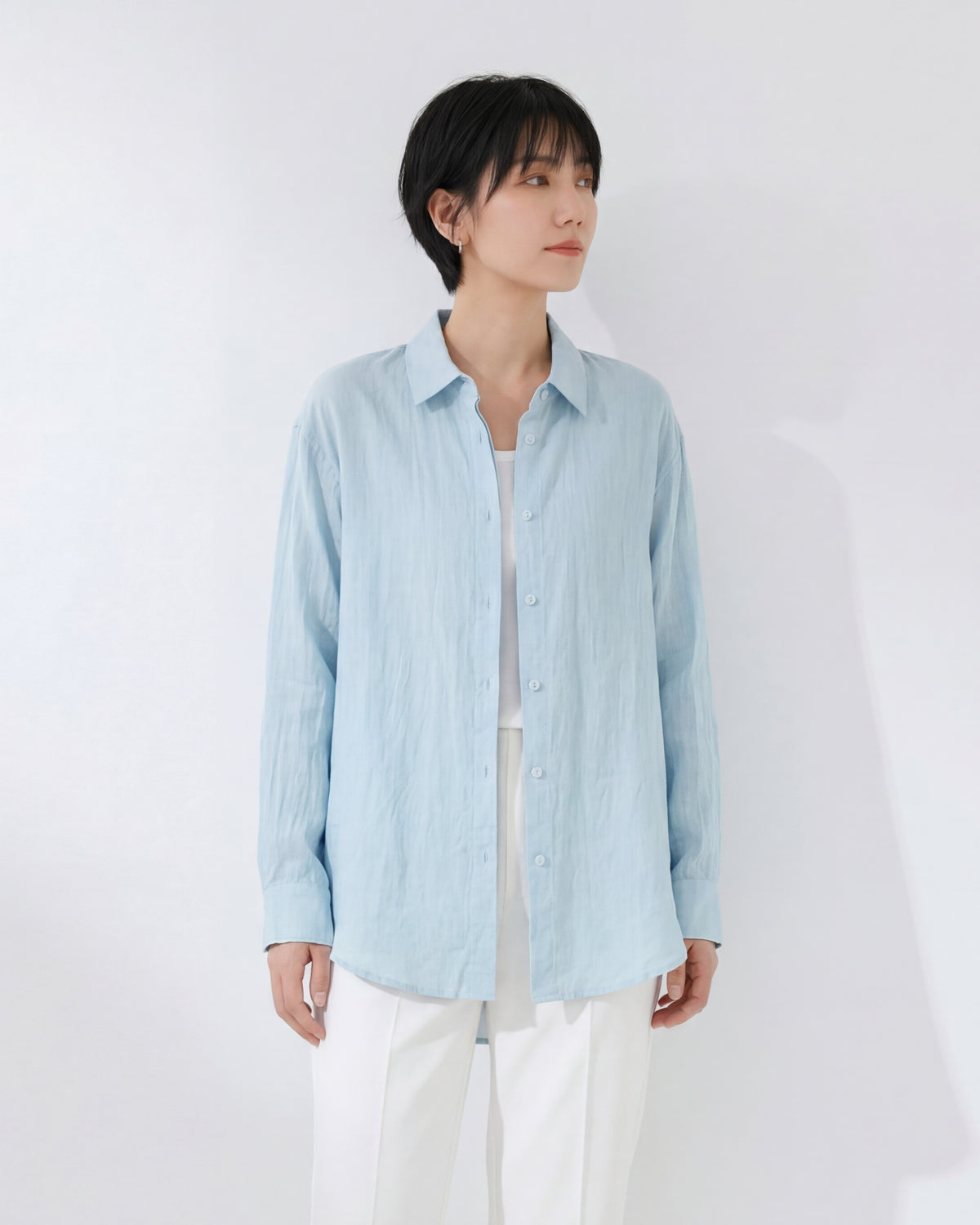ドロップショルダー ルーズ ラウンドヘム 長袖シャツ-ミントティール-2XL