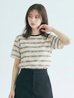 配色クルーネック ジャカードボーダーTシャツ