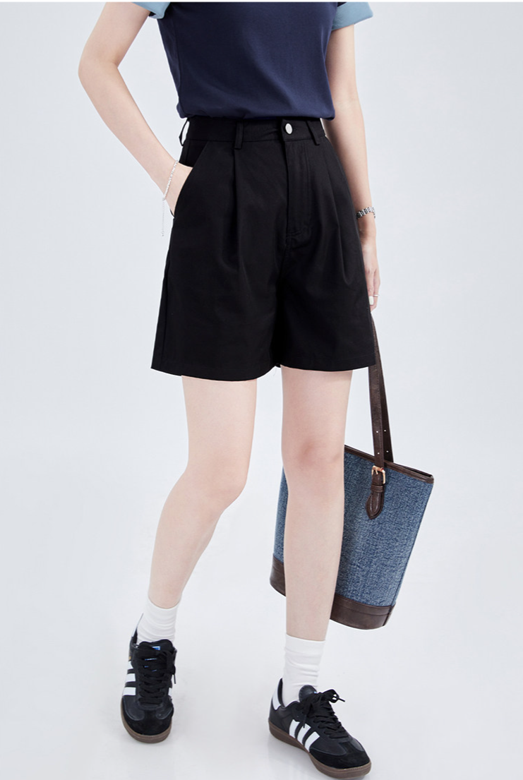ハイウエスト ゆったりワイドレッグ カジュアルショートパンツ