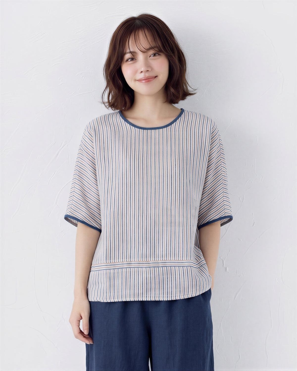 M~2XL 細ストライプ ゆったり クルーネックTシャツ