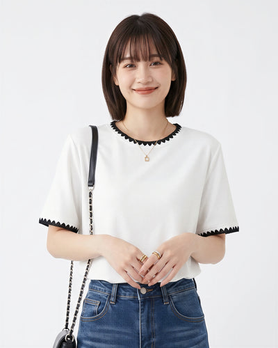 配色メロウフリル縁取り クルーネックTシャツ