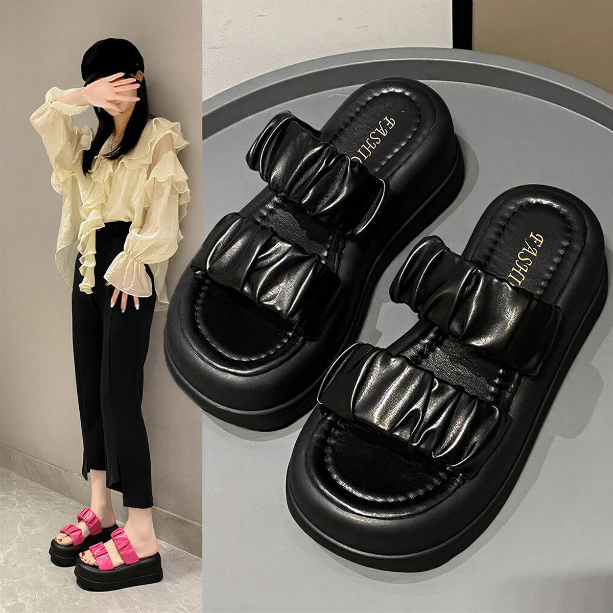 立体プリーツダブルストラップ 厚底美脚 レディース オープントゥスライドサンダル