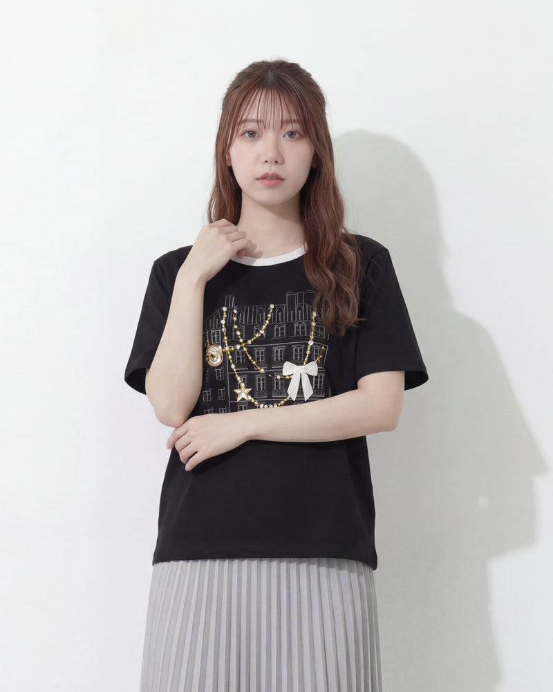 配色パイピングのクルーネック 立体柄Tシャツ