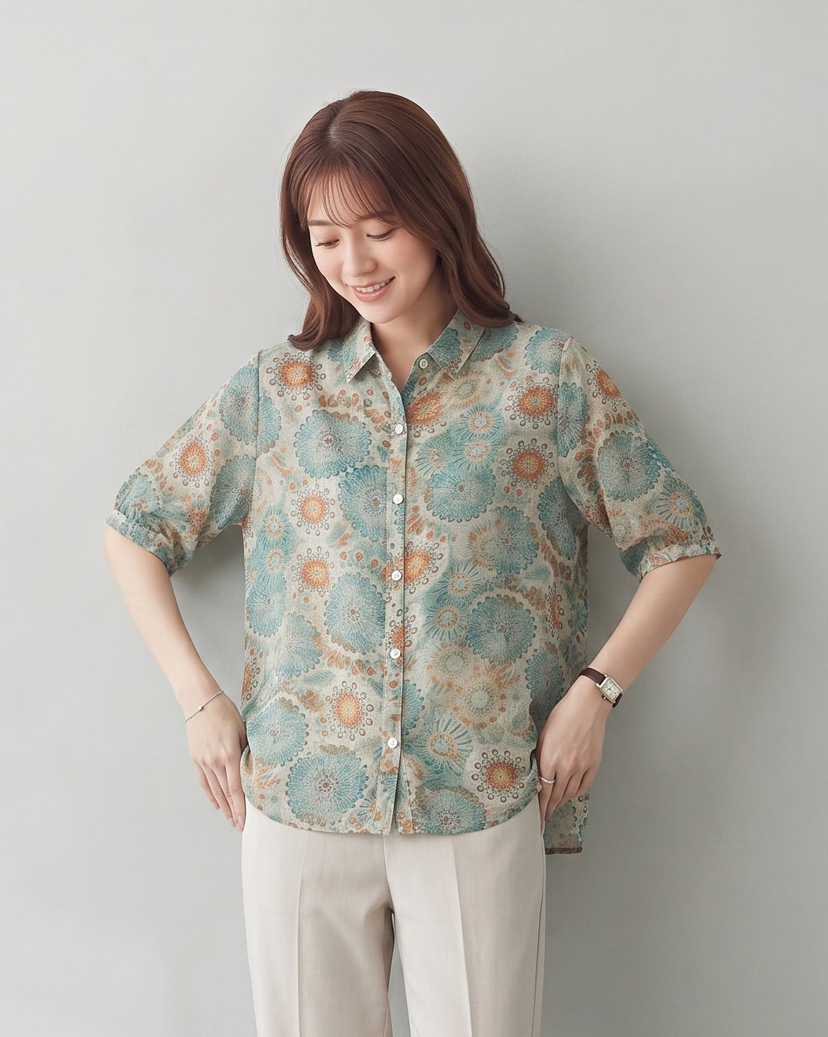 M~2XL ブルー×オレンジプリント ルーズフィット 開襟シャツ