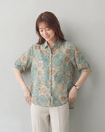 M~2XL ブルー×オレンジプリント ルーズフィット 開襟シャツ