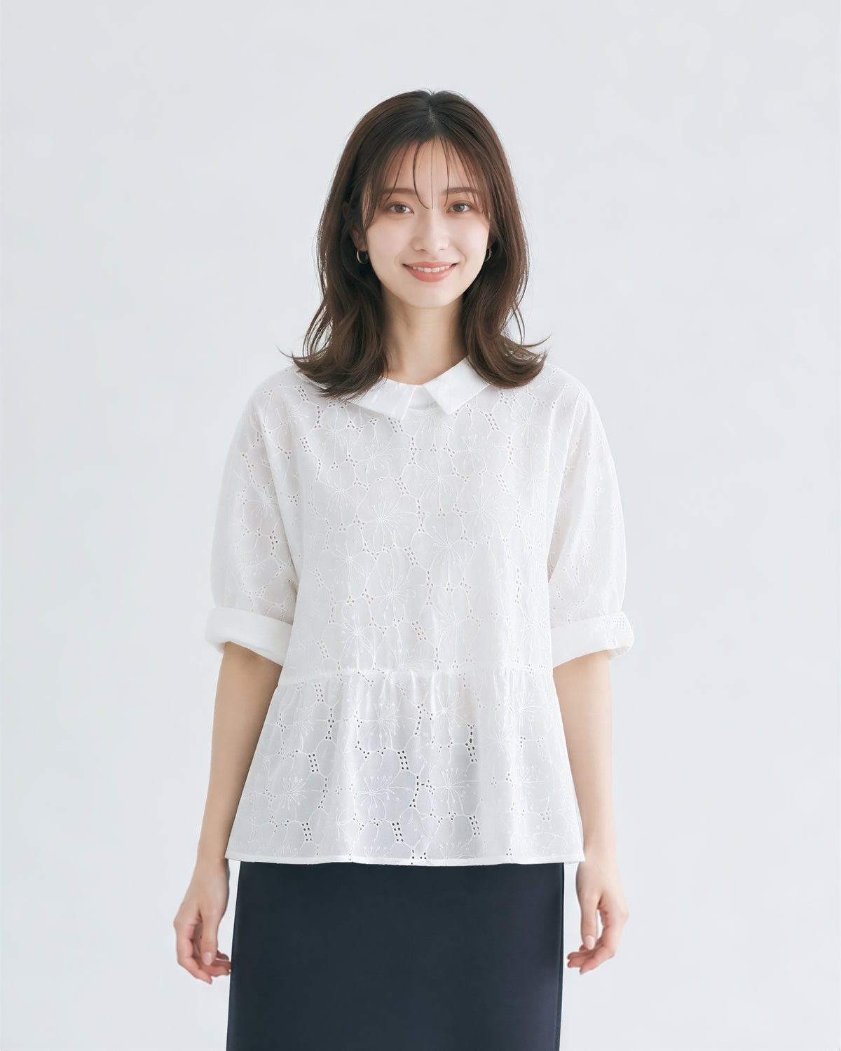 ホワイト 透かし柄 襟付き ゆったり長袖シャツ-ホワイト-2XL