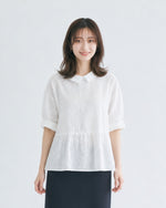 ホワイト 透かし柄 襟付き ゆったり長袖シャツ-ホワイト-2XL