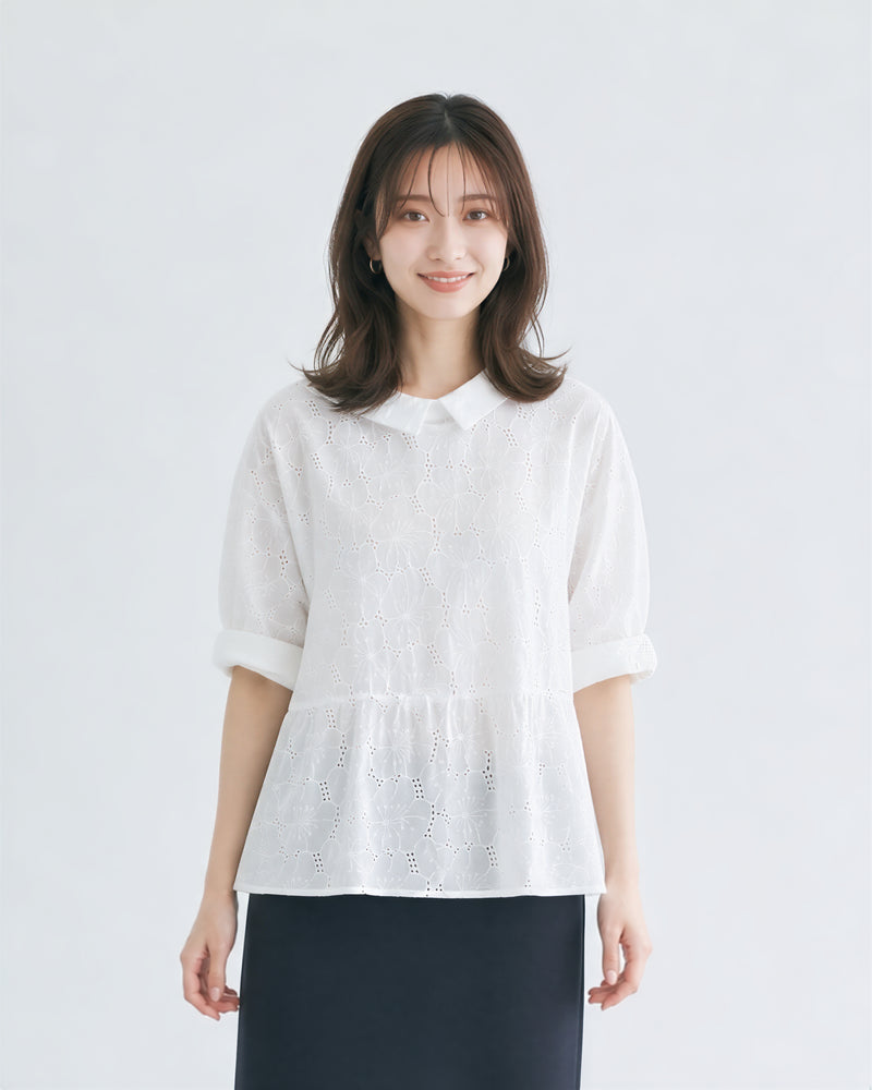 ホワイト 透かし柄 襟付き ゆったり長袖シャツ-ホワイト-2XL