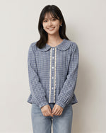 S-XL ライトブルーチェックのドールカラーウエストシェイプシャツ