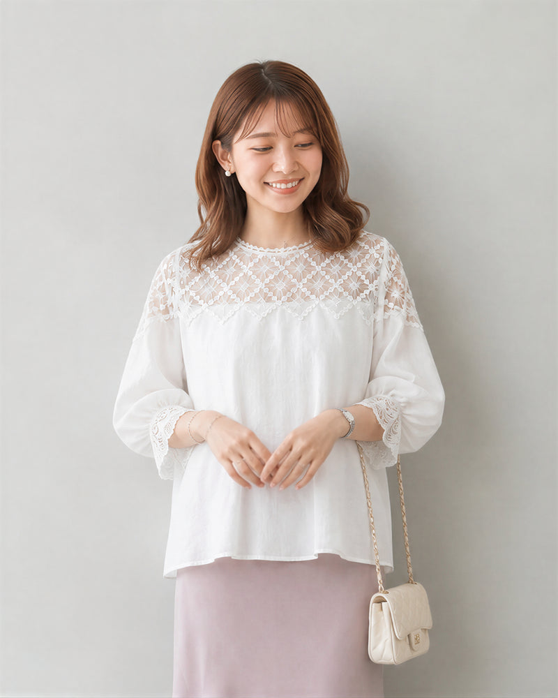 レース切り替えパフスリーブブラウス-ホワイト-2XL