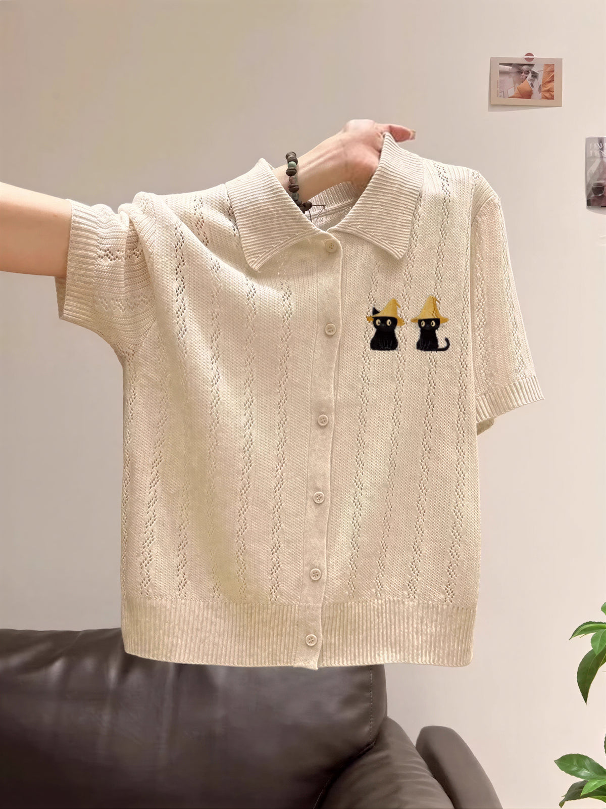 襟付き 半袖 透かし編みウェーブ柄 刺繍 ニットカーディガン