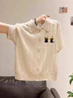 襟付き 半袖 透かし編みウェーブ柄 刺繍 ニットカーディガン