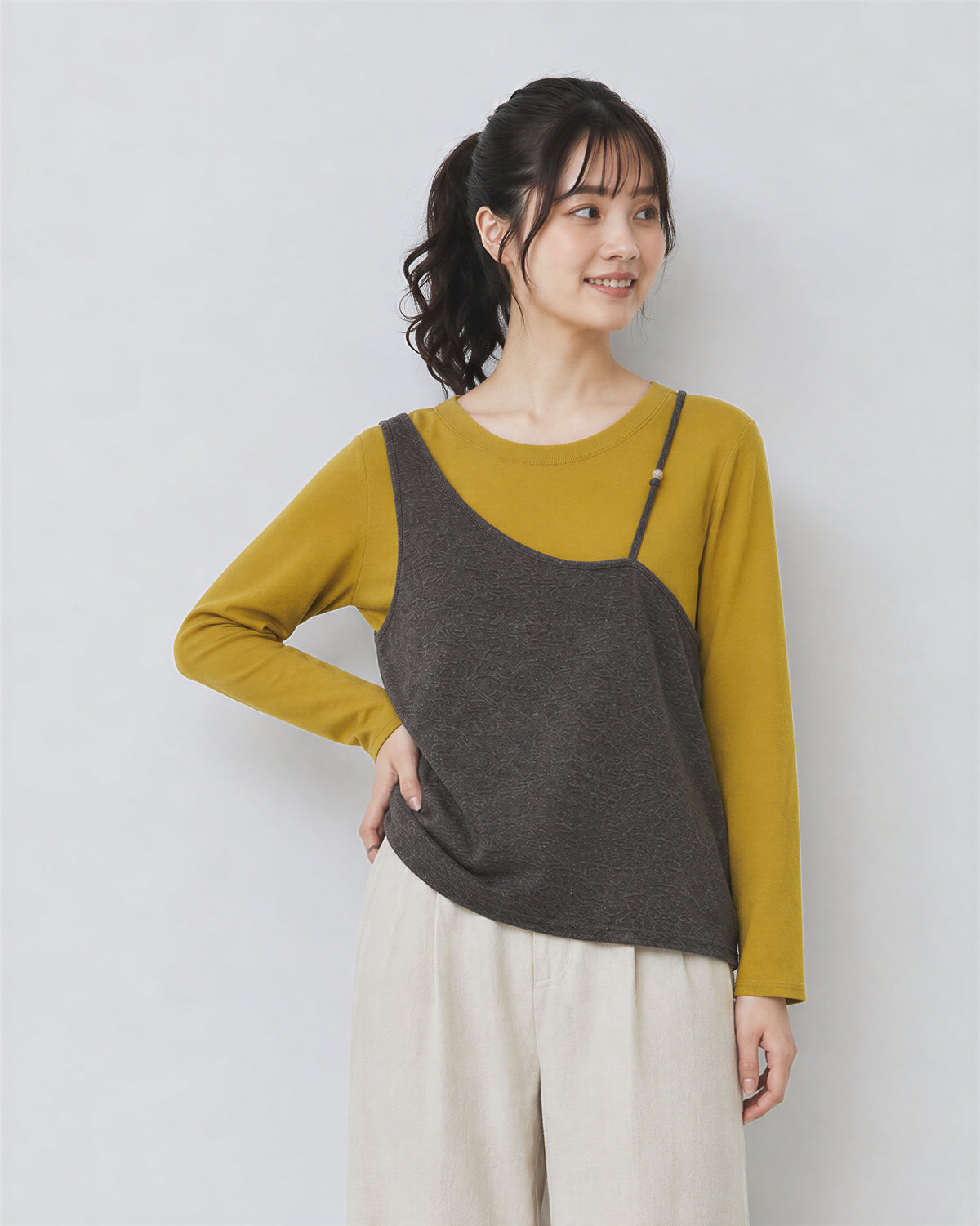 L~4XL レイヤード風 ゆったり アシンメトリー フェイクツーピースTシャツ
