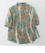 M~2XL ブルー×オレンジプリント ルーズフィット 開襟シャツ