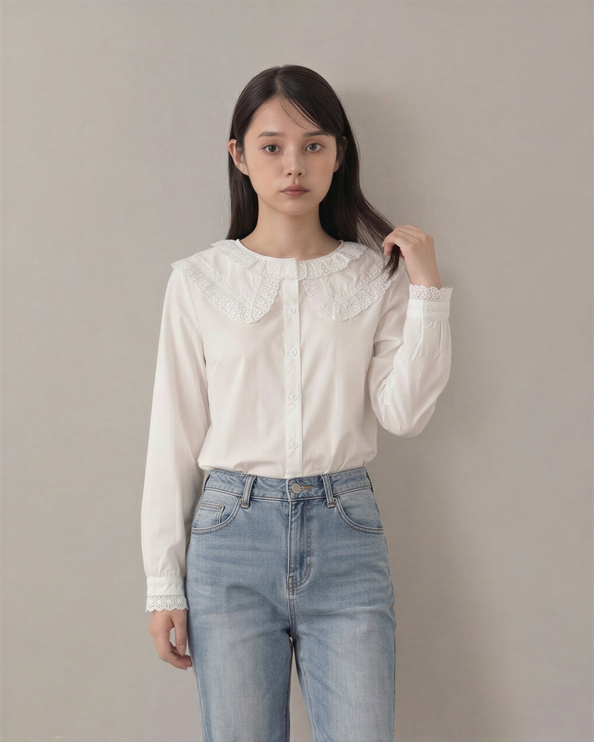 レース付きビッグカラー ドール襟シャツ-ホワイト-2XL