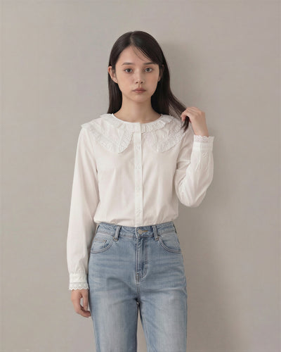 レース付きビッグカラー ドール襟シャツ-ホワイト-2XL